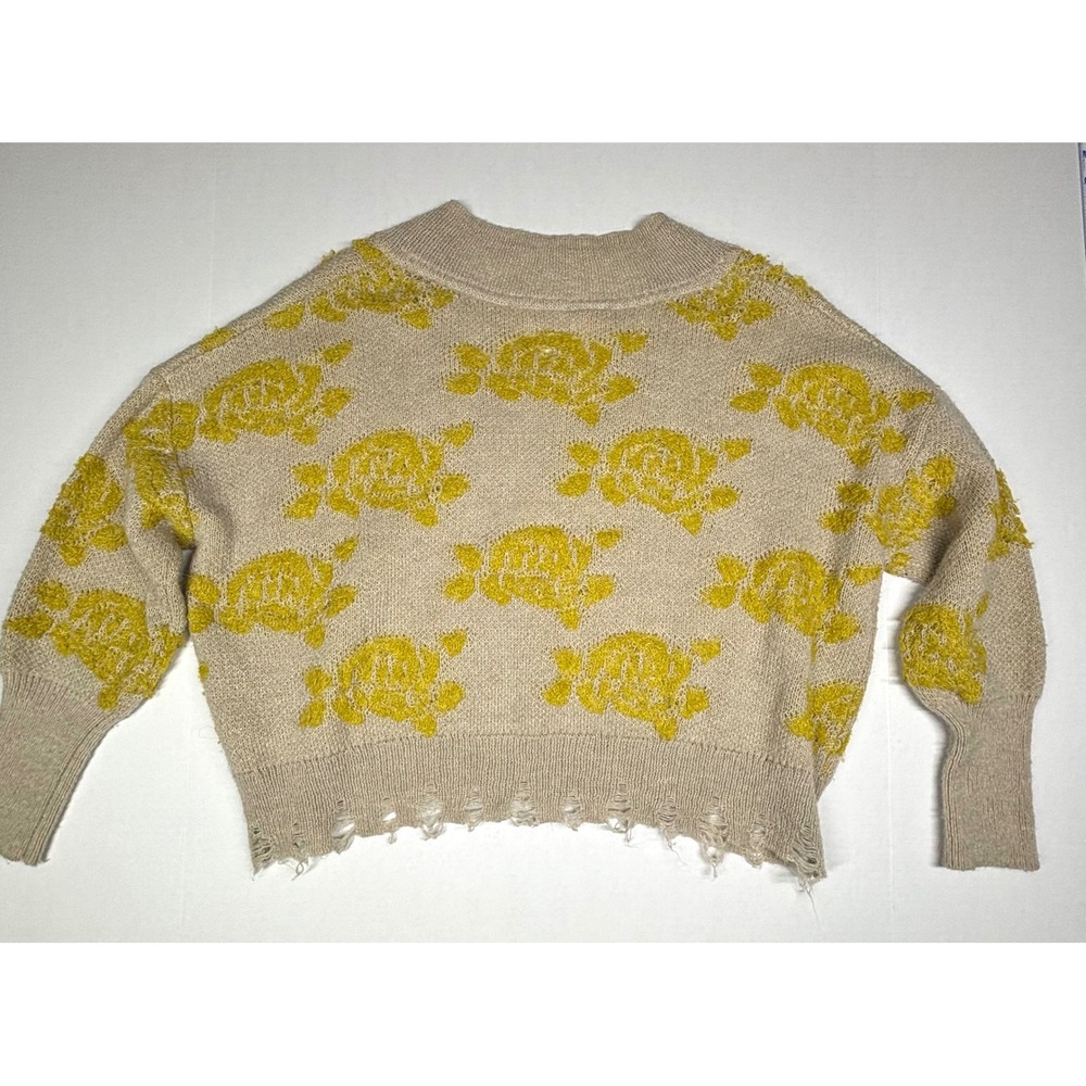 Anthropologie Floral Rose Distressed Alpaca Blend V-Neck Sweater Beige Yellow XS - Picture 2 of 9